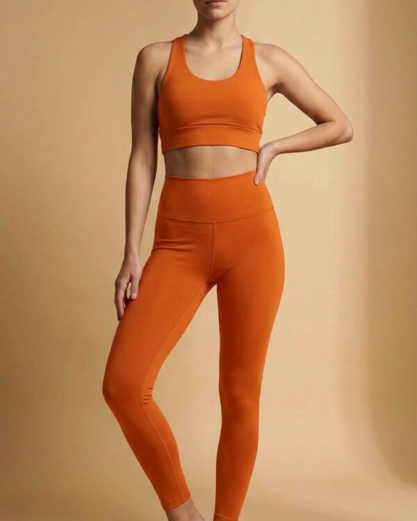 Conjunto Fitness Feminino UV 50+ – Coral (Top Nadador – Frente) JGEO Moda Fitness Feminina