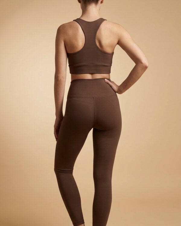 Conjunto Fitness Feminino UV 50+ – Marrom (Top Nadador – Costas) JGEO Moda Fitness Feminina
