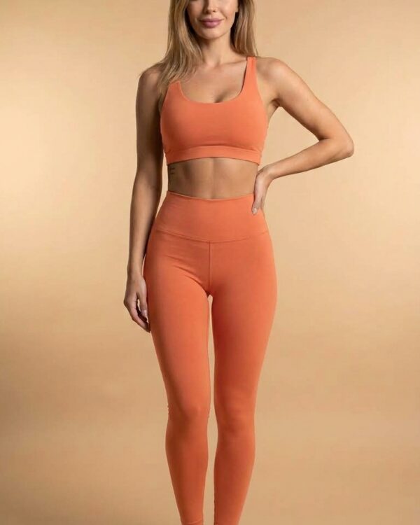 Conjunto Fitness Feminino UV 50+ – Salmão (Top Camiseta – Frente) JGEO Moda Fitness Feminina